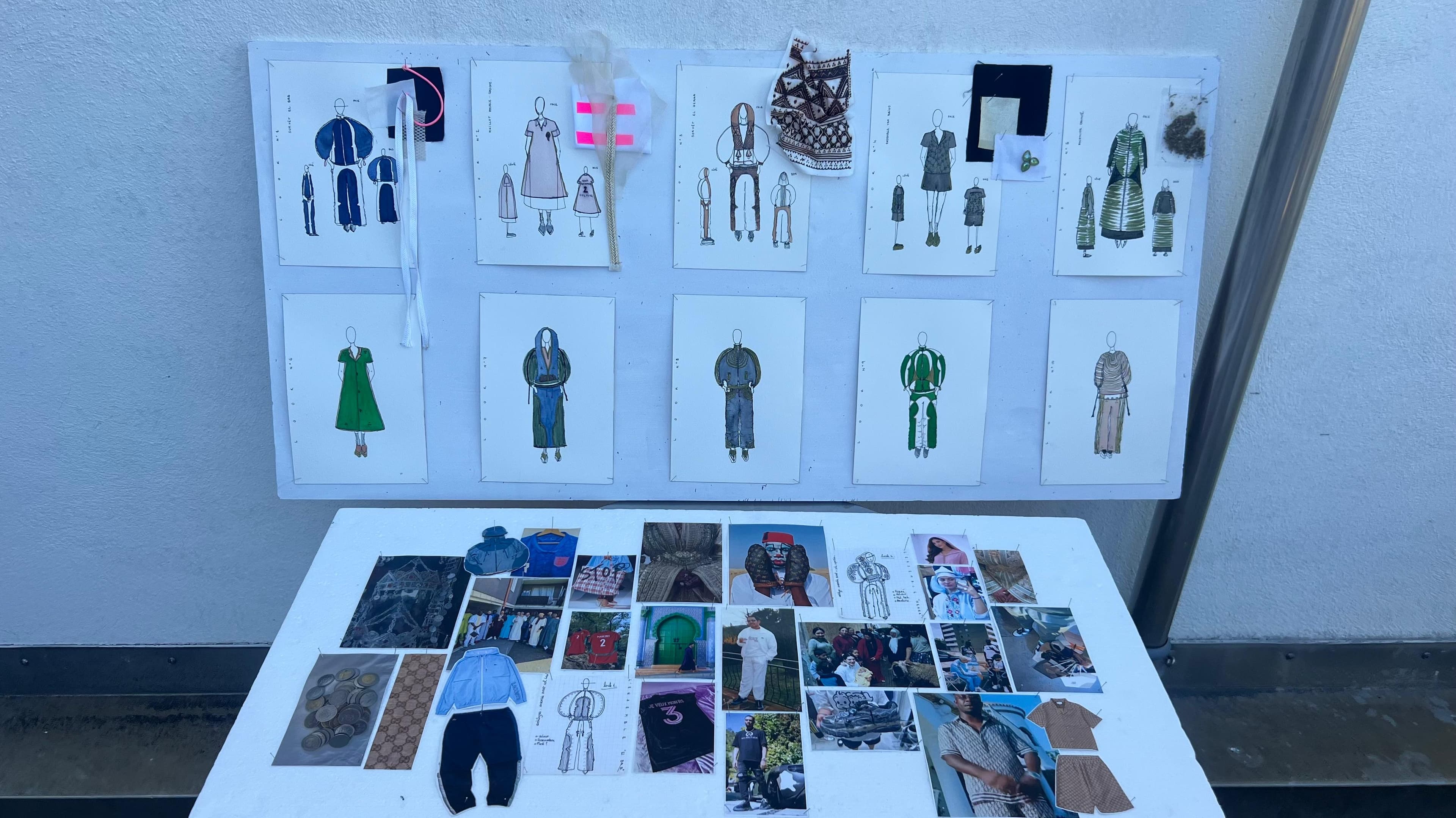 Fashion croquis pinned above a flat lay of fabric swatches, trims and reference photos