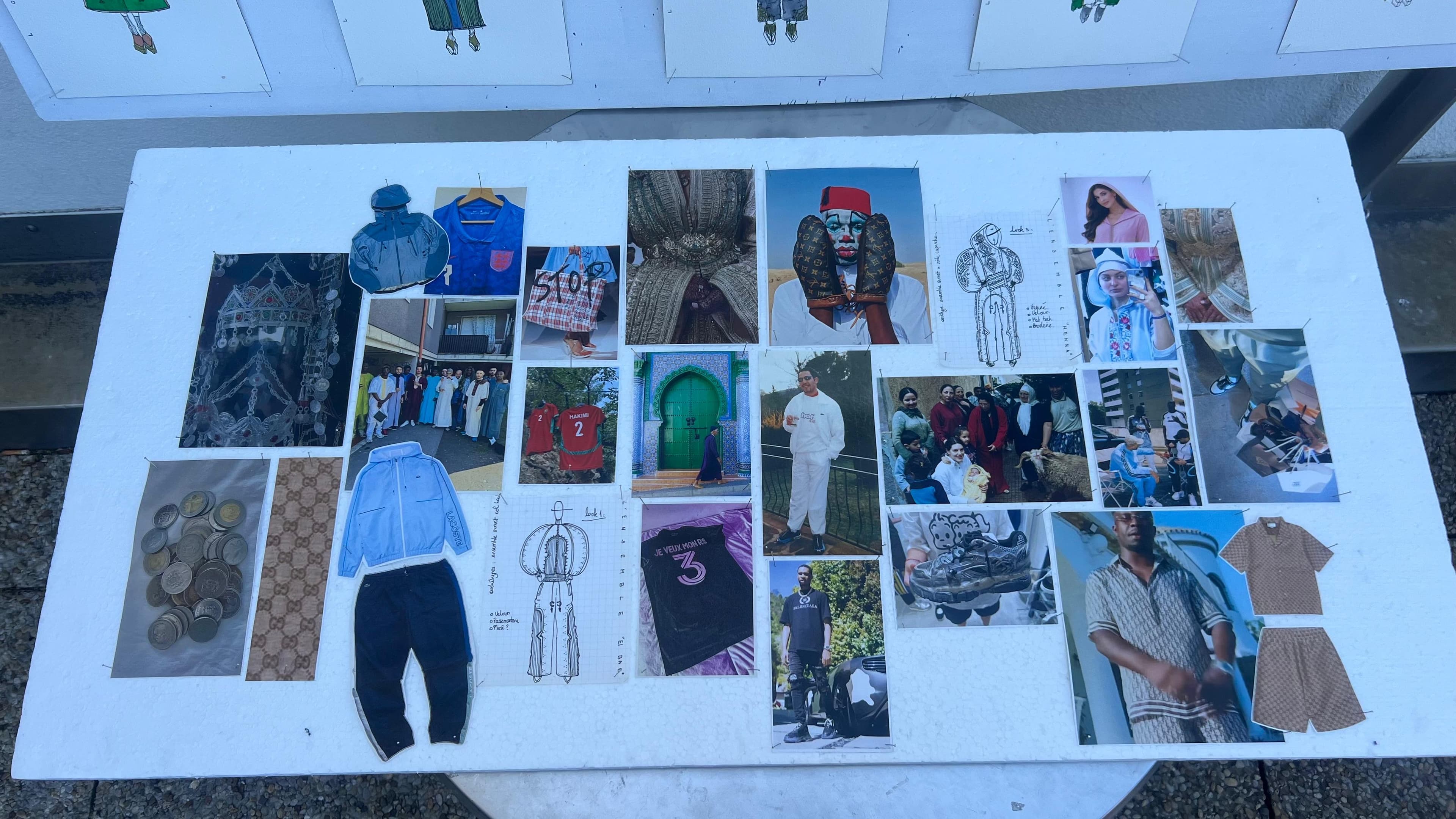 Flat lay sourcing board on an outdoor table, fabric swatches, coins, croquis and tearsheets arranged for the graduation collection