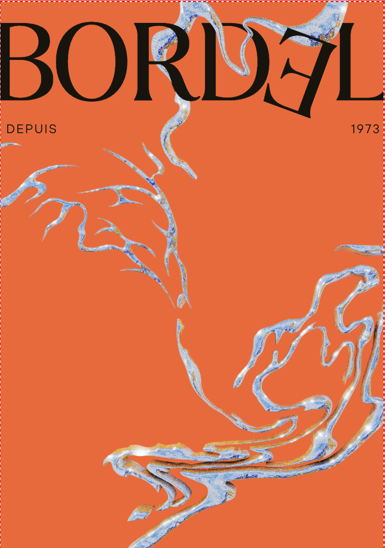 Bordel poster, bold mirrored black type on a burnt orange background with a flowing silver and gold graphic line