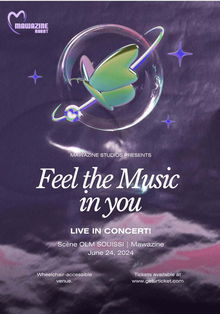Feel the Music in You concert poster for Mawazine Studios, an iridescent glass bubble with a butterfly inside on a dark textured background