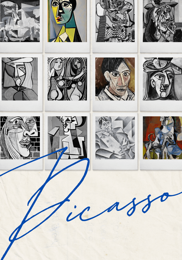 Picasso exhibition poster, a grid of polaroid photos of Picasso paintings and portraits over a signature-style script logo