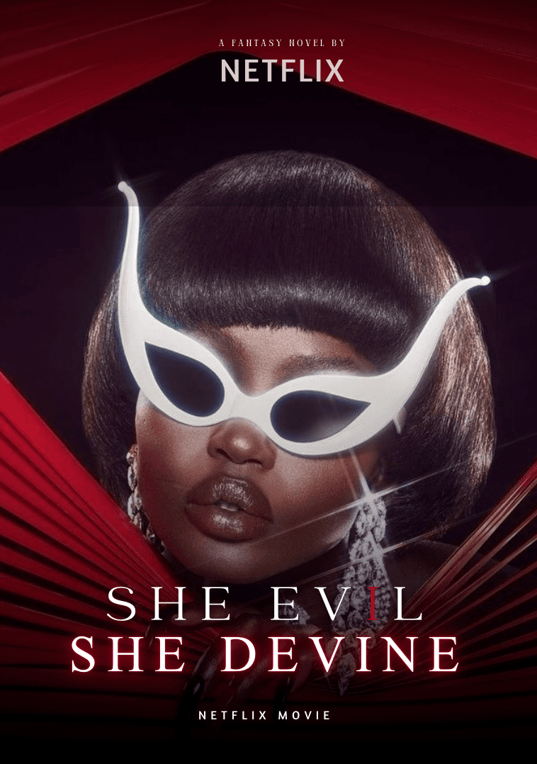 A Netflix-style movie poster, a portrait wearing white cat-eye sunglasses shaped like horns, titled She Evil She Devine