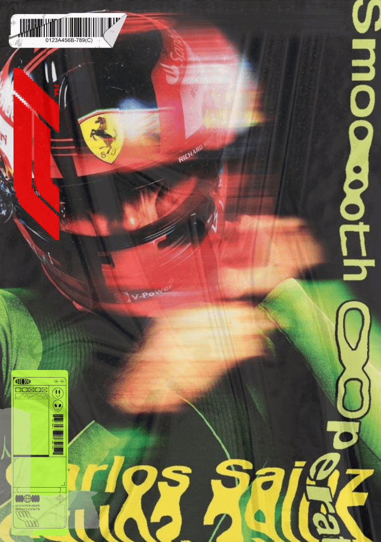 Smooth Operator poster, a blurred motion photo of a red racing helmet with a Ferrari badge, green sleeve and wide yellow type reading Smoooth Cooperate